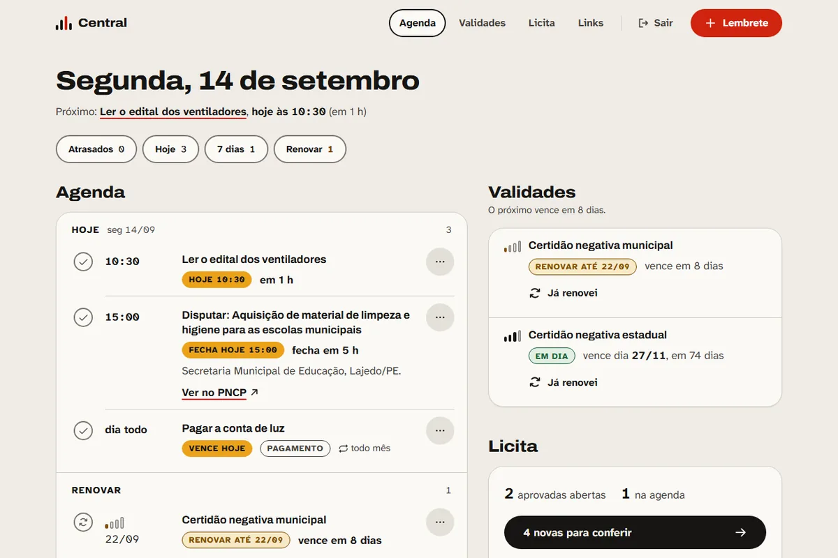 Tela da Central: a agenda do dia e a validade das certidões